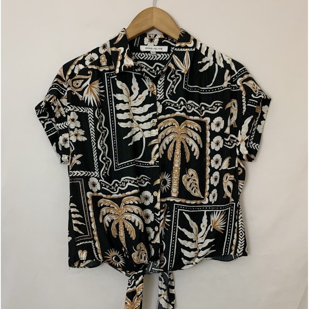 Rose + Olive Black Tropical Short Sleeves Button Tie Front Blouse Size S